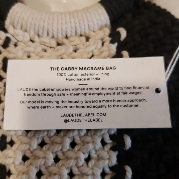 NWT Laude The Label Gabby Mini Macrame Bag Wood Ring Handles Black Ecru - Picture 4 of 9